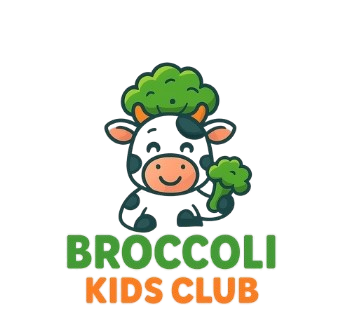 Broccoli Kids Club mascot — a cheerful cow holding broccoli